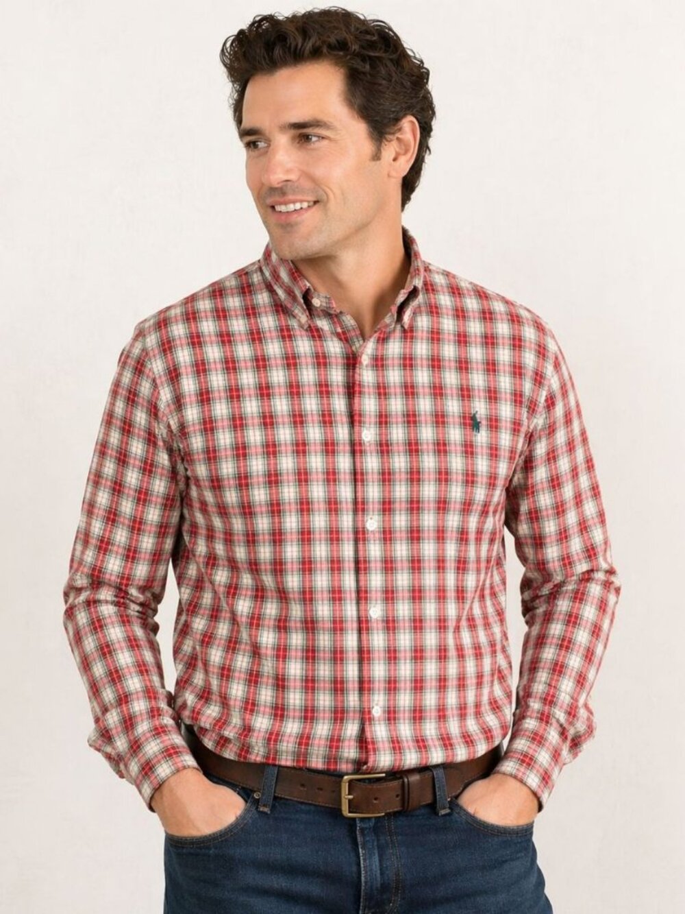 Ralph Lauren Plaid Button Down Shirt Mens L 16.5 Classic Fit Red Cotton